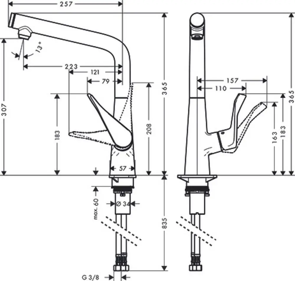 Hansgrohe Spültischmischer mit einem gebogenen Auslauf und einer Hebelsteuerung. Technische Zeichnung mit Abmessungen und Anschlussdetails, geeignet für Spülen.